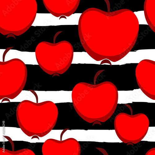 Seamless texture with red apples on a background of black and white wide roughly drawn strips