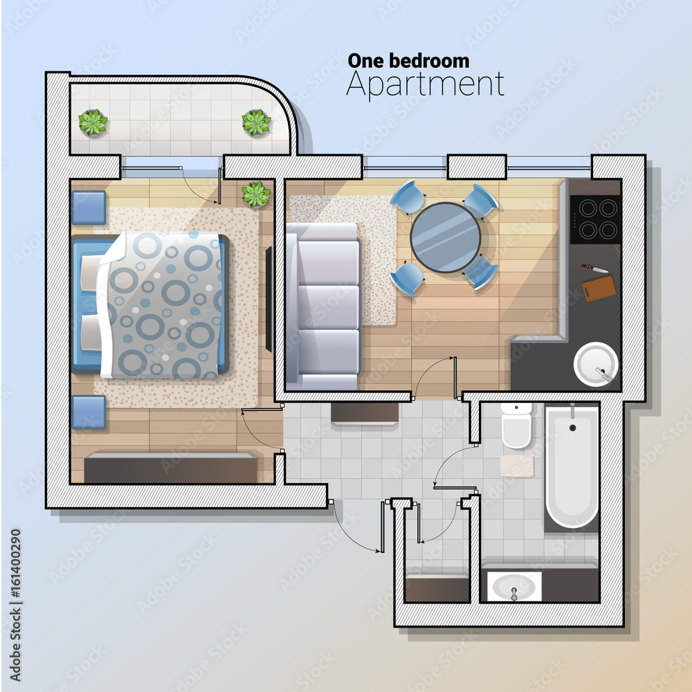 barrier Cornwall Green beans Vector top view illustration of modern one bedroom apartment. Detailed  architectural plan of dining room combined with kitchen, bathroom, bedroom.  Home interior Stock Vector | Adobe Stock