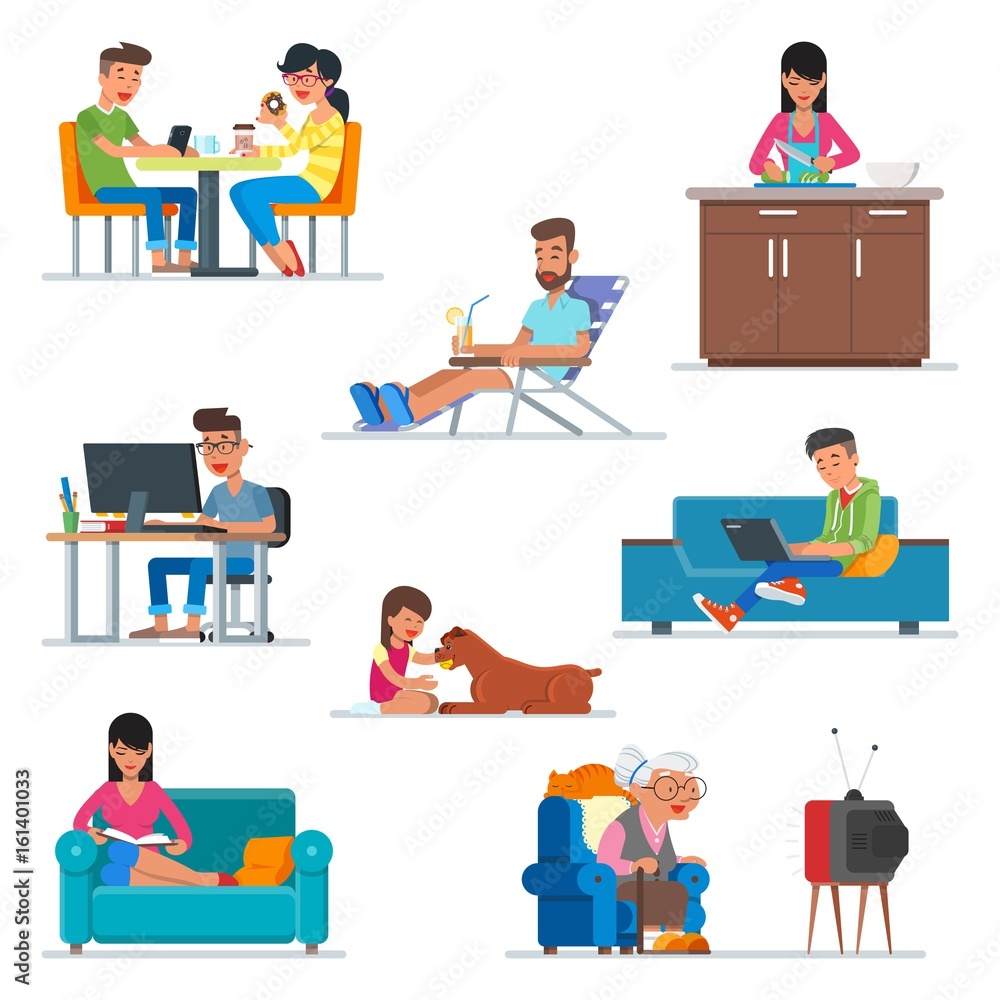 Vector set of cartoon people characters in flat style design. Couple in cafe, woman cooking at the kitchen, guy working with computer, girl playing with a dog. People icons