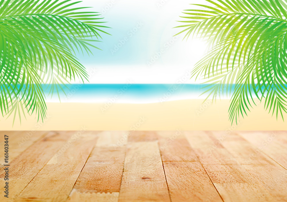 Wood table top on beautiful summer beach illustration background