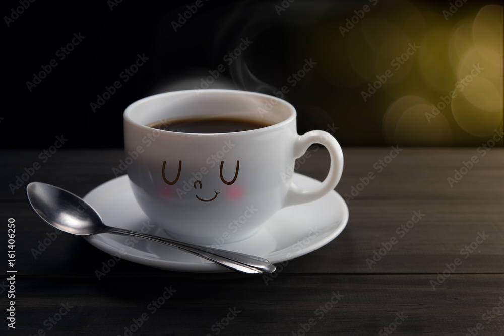 White mug of coffee with a happy smile, On bokeh background, Good night or Have a happy day concept