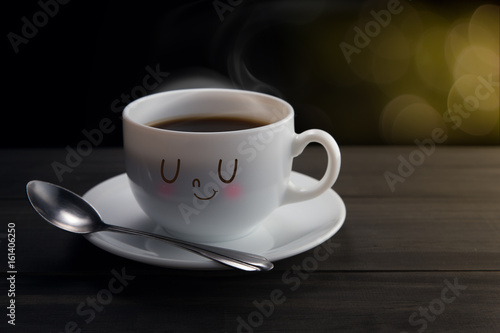 White mug of coffee with a happy smile, On bokeh background, Good night or Have a happy day concept