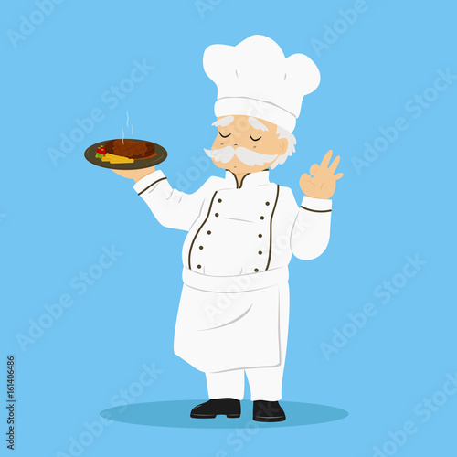 a chef carrying a plate of delicious steak and gestured ok sign