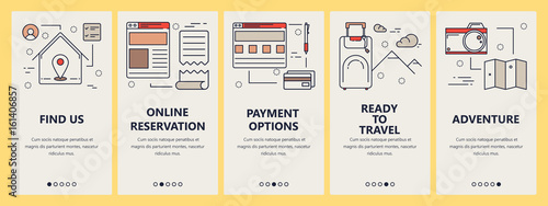 Vector set of vertical banners with travel concept elements in linear style design. Thin line flat design symbols, icons for website menu.