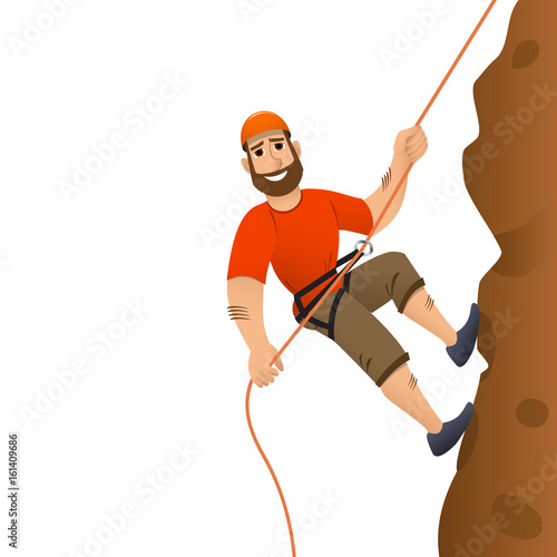 Rock climber. Man commits to rise the steep slope. Cartoon character.