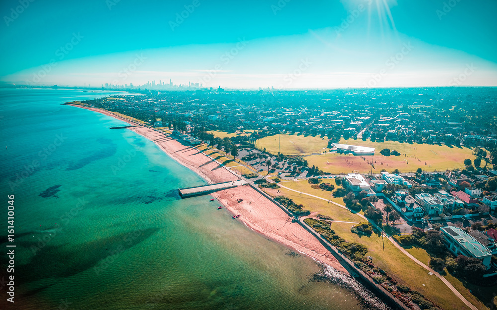 Aerial panorama of Melbourne coastline on bright sunny day