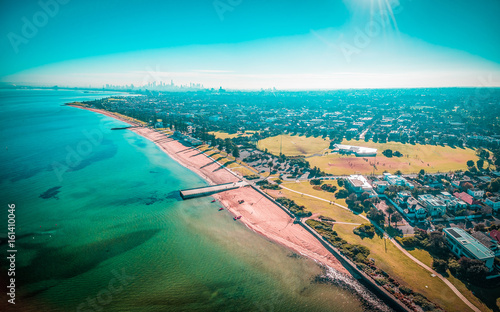 Aerial panorama of Melbourne coastline on bright sunny day