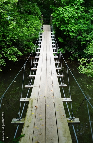 Fototapeta Naklejka Na Ścianę i Meble -  Small wood pedestrian suspension bridge with steel cables over a river in the woods