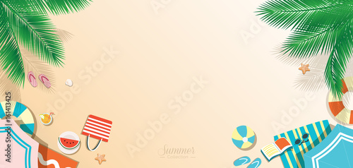 Summer beach vector background, top view panoramic web banner