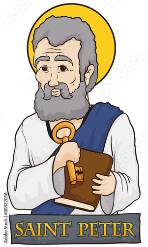 Saint Peter Holding a Book and Key with Stone Sign, Vector Illustration