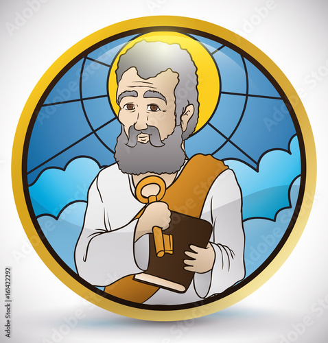 Round Button in Stained Glass Style with Saint Peter Image, Vector Illustration