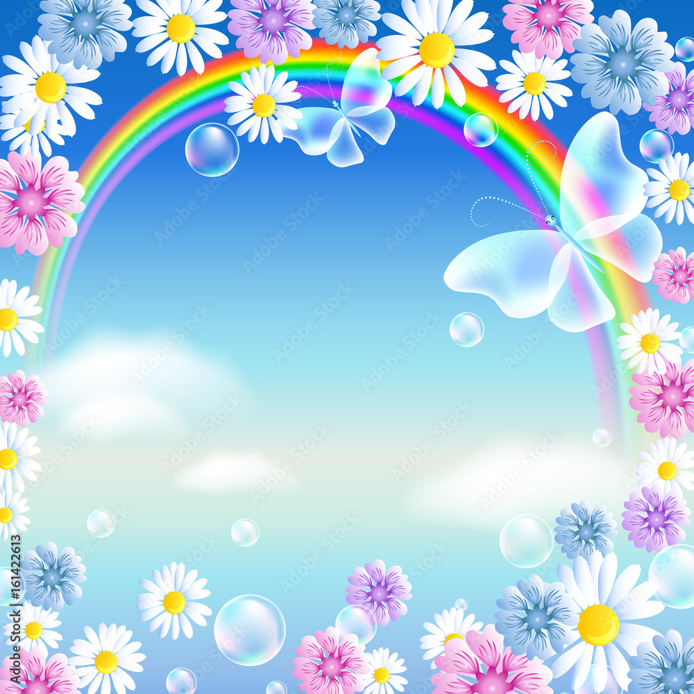 Rainbow with butterflies and flowers in the clouds sky Rainbow with butterflies and flowers in the clouds sky