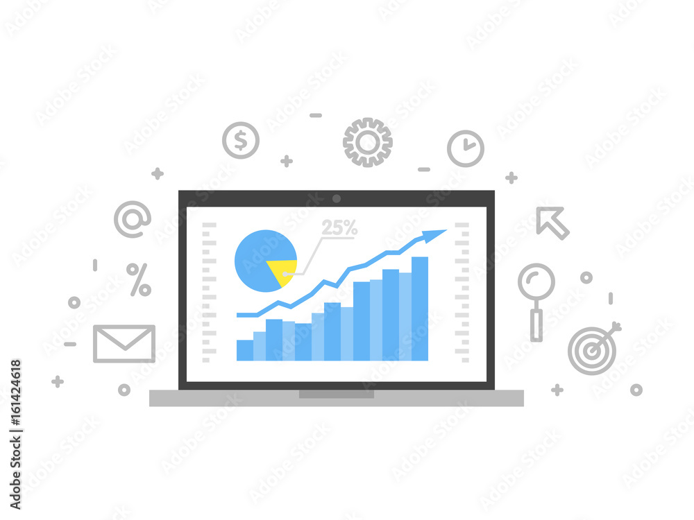 Online analytics concept line illustration. Laptop with web page graphic diagram screen and linear icon vector Online analytics concept line illustration. Laptop with web page graphic diagram screen and linear icon vector