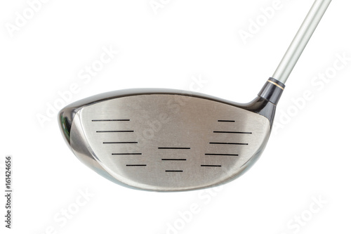Close up the shiny metal golf driver club on white background.