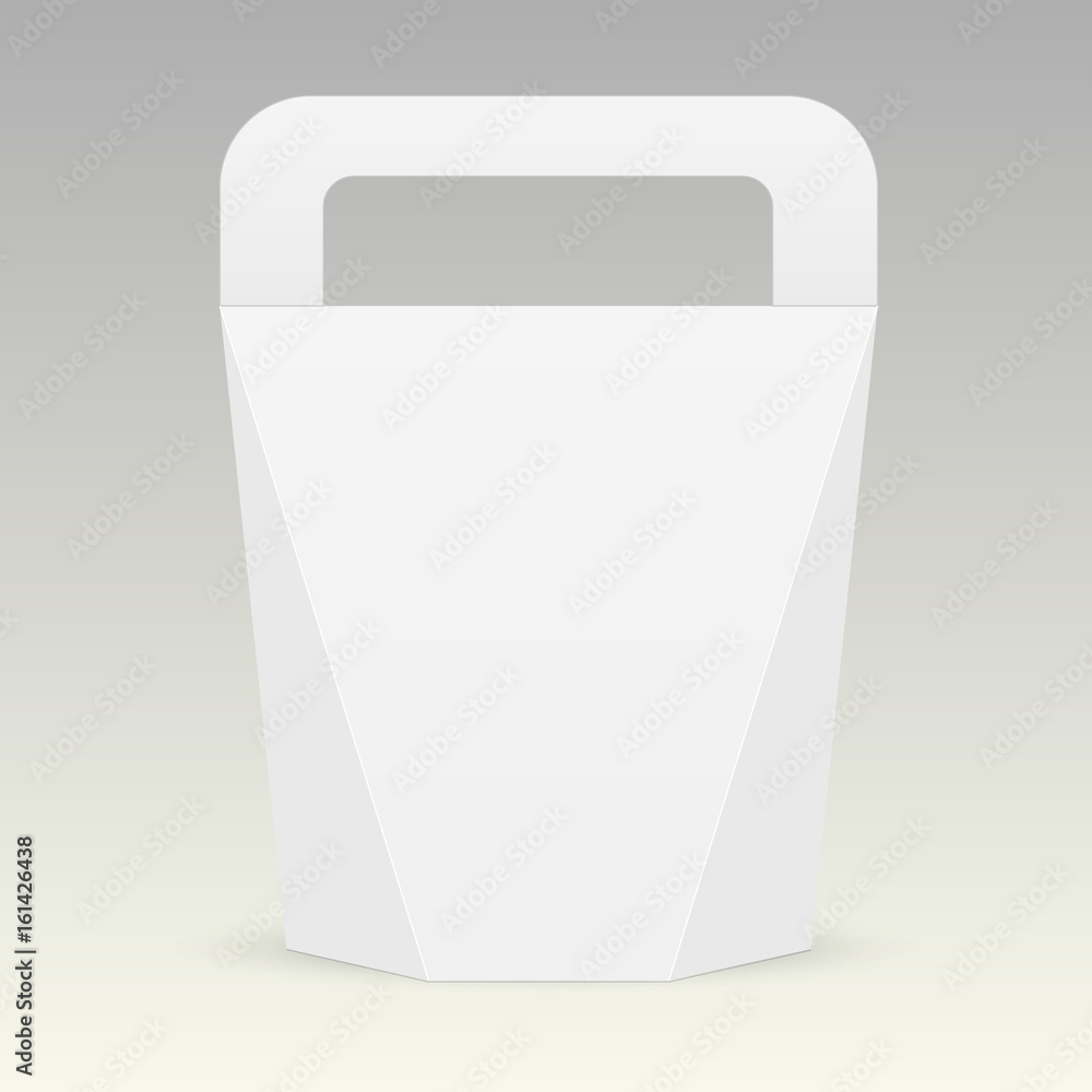 White cardboard carry box bag packaging for food, gift or other products with handle. Vector mock up template ready for your design White cardboard carry box bag packaging for food, gift or other products with handle. Vector mock up template ready for your design