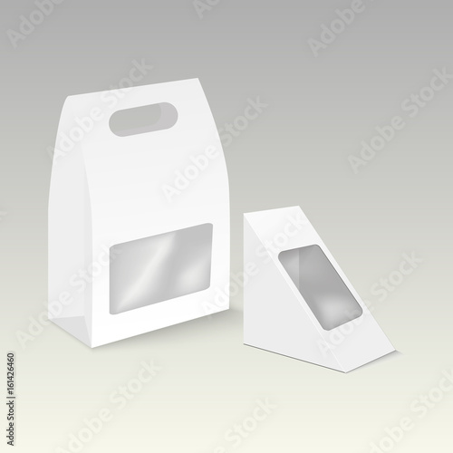 Vector set of white blank cardboard rectangle triangle take away handle lunch boxes packaging for sandwich, food, gift, other products with plastic window mock up