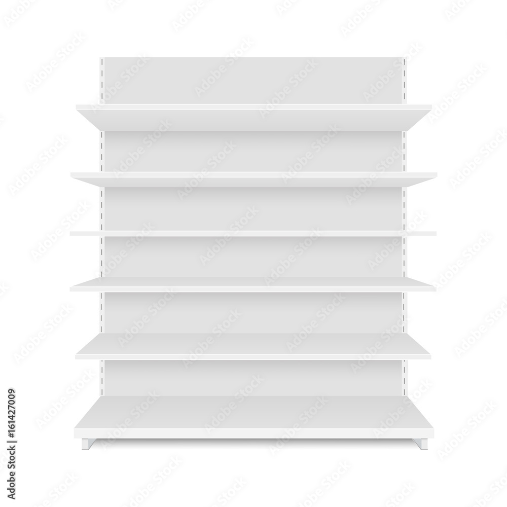 Blank empty showcase display with retail shelves. Front view. Vector mock up template ready for your design Blank empty showcase display with retail shelves. Front view. Vector mock up template ready for your design
