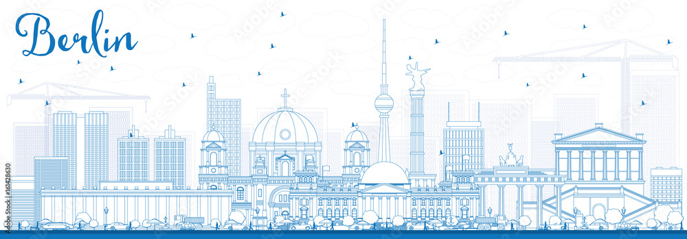 Outline Berlin Skyline with Blue Buildings.
