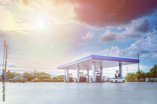 Gas station with clouds and blue sky