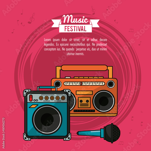 poster music festival in magenta background with cassette tape player and speaker box and microphone vector illustration