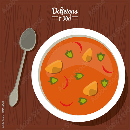 poster delicious food in kitchen table background and cutlery with dish of soup with vegetables vector illustration