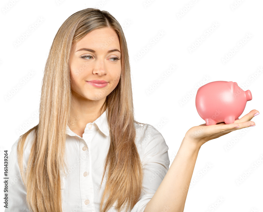 Happy young woman with a money box isolated on white Happy young woman with a money box isolated on white