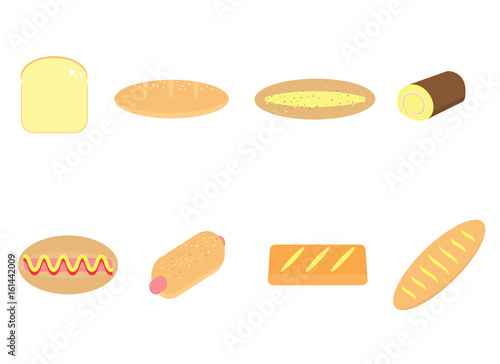 Bakery products icon set, bread, jam roll