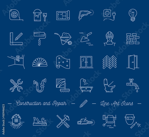 Icons repair, building, construction symbols. Home improvement, plumbing, repair tools. Vector thin line art icons on a dark background