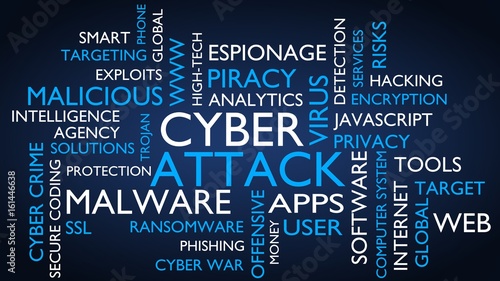 Cyber attack word tag cloud. 3D rendering, blue variant.