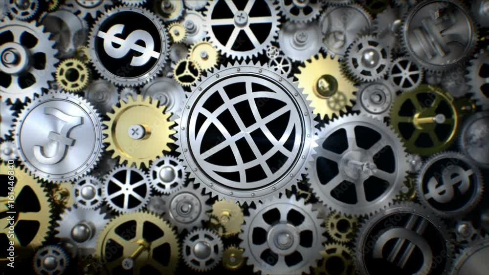 Rotating global earth icon in gear unit with various currency sign. Rotating global earth icon in gear unit with various currency sign.