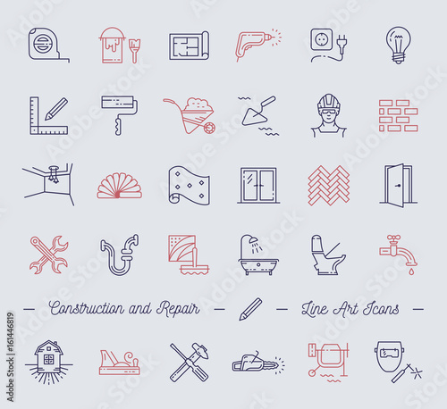Icons repair, building, construction symbols. Home improvement, plumbing, repair tools. Modern thin line art icons, Vector flat illustration