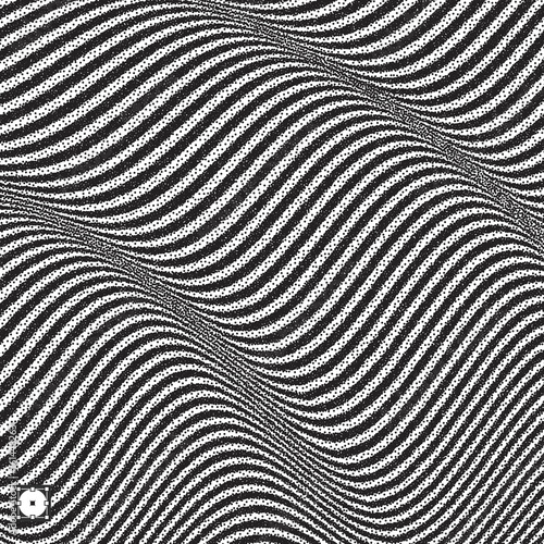 Wavy background. Black and white grainy dotwork design. Pointillism pattern with optical illusion. Stippled vector illustration.