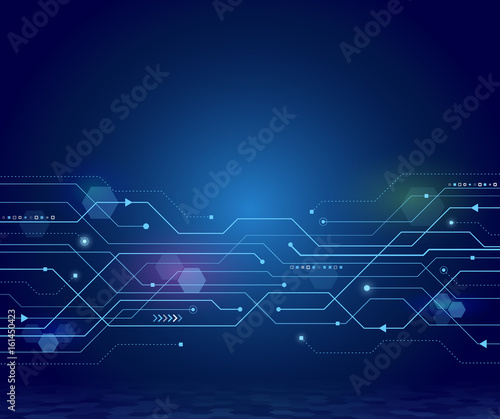 Abstract circuit board on the blue background. Digital technology communication concept. Hi-tech vector illustration