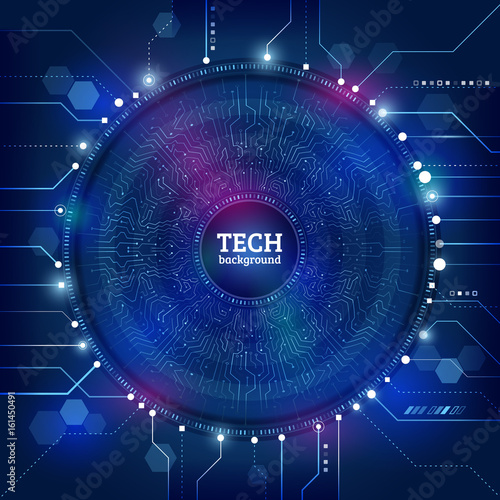 Hi-tech computer technology on the blue background. Abstract radial circuit texture. Futuristic technology structure elements. Vector illustration esp 10.