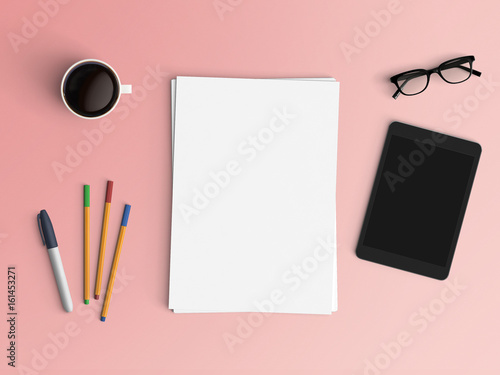 Minimal office desk workplace with notebook, tablet or smartphone, coffee cup, pen and eyeglasses copy space on color background. Top view. Flat lay style.