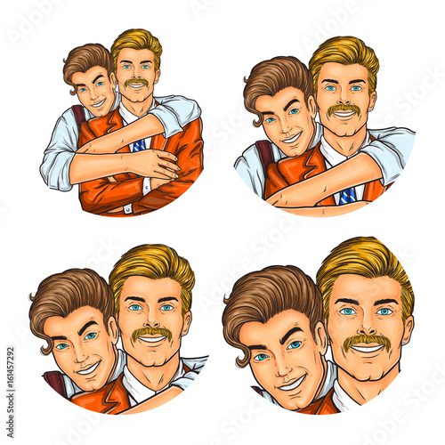 Vector illustration, mens pop art round avatar icon for users of social networking, blogs. Father and adult son hugging him from behind his neck