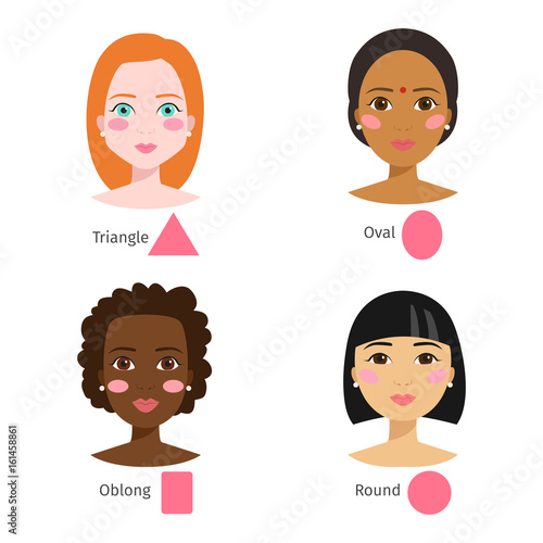 Set of different woman face types vector illustration character shapes girl makeup beautiful female