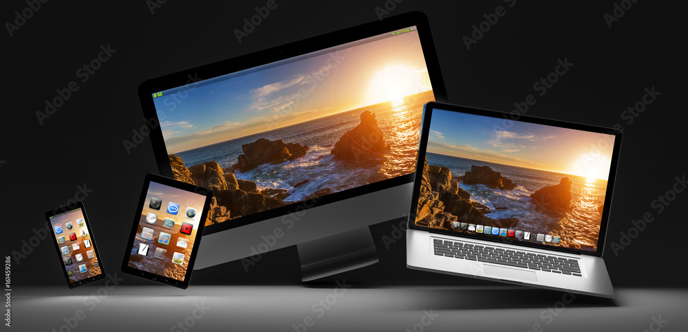 Dark modern computer laptop mobile phone and tablet 3D rendering Dark modern computer laptop mobile phone and tablet 3D rendering
