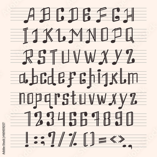 Musical decorative notes alphabet font hand mark music score abc typography glyph paper book vector illustration