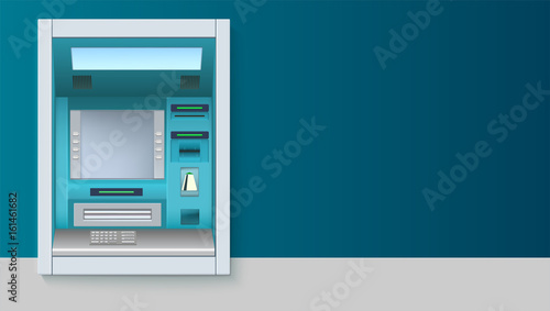 Bank Cash Machine. ATM - Automated teller machine with blank screen and carefully drawn details on white backdrop. Template for flyers, cover, presentation or poster.