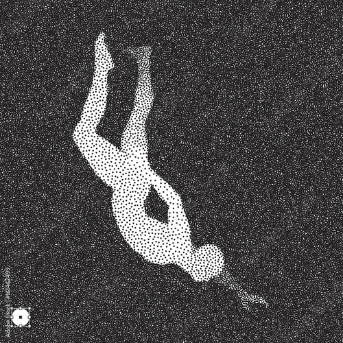 Man falls down from a height. 3D model of man. Black and white grainy dotwork design. Stippled vector illustration.