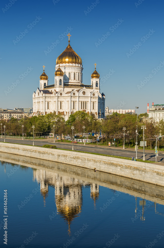Morning panoramic view of Moscow Cathedral of Christ the Savior, Moskva river and embankment from Bolshoi Kamenny bridge in Moscow, Russia.