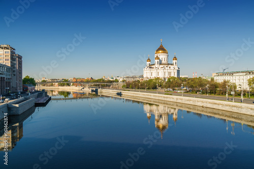 Morning panoramic view of Moscow Cathedral of Christ the Savior, Moskva river and embankment from Bolshoi Kamenny bridge in Moscow, Russia.