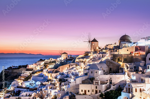 Beautiful sunset on the island of Santorini, Greece. A view of the village of Oia.