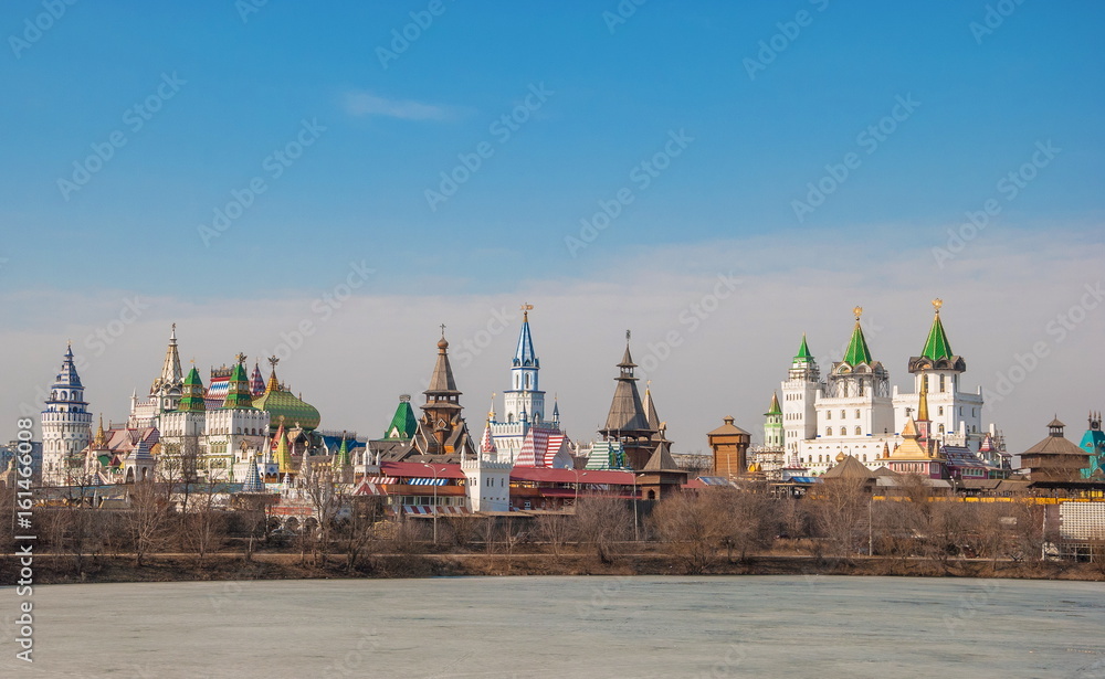Fairy-tale Old Russian town on the bank of the lake in Izmailovo in Moscow
