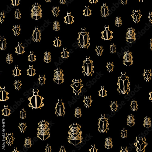 Seamless pattern with gold bugs on a black background
