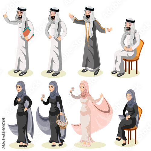 Set of different standing arab people in the traditional muslim arabic clothing