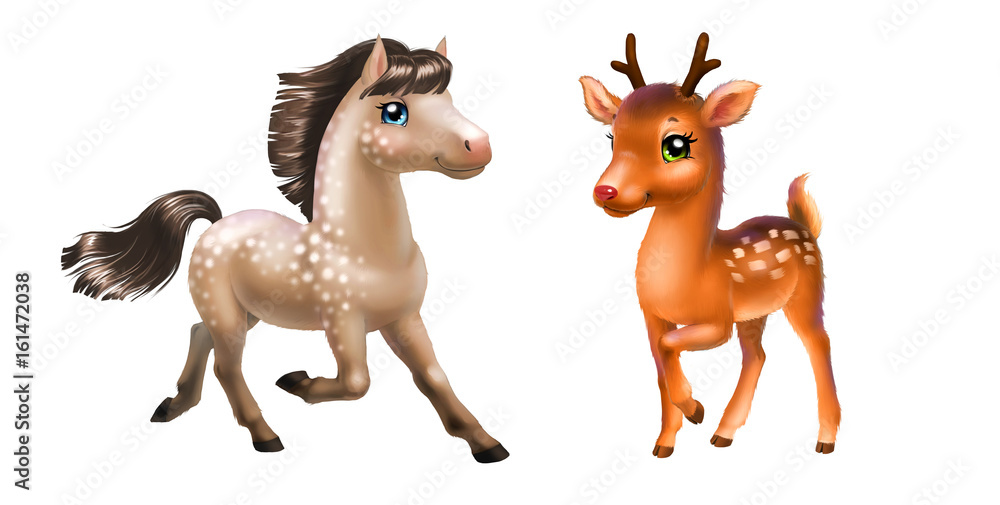 Naklejka premium Horse and deer isolated on white