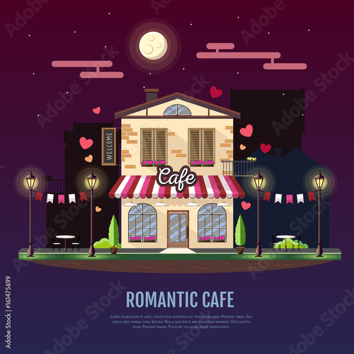 Flat style modern icon design of romantic cafe building. Night scene. Retro old town design