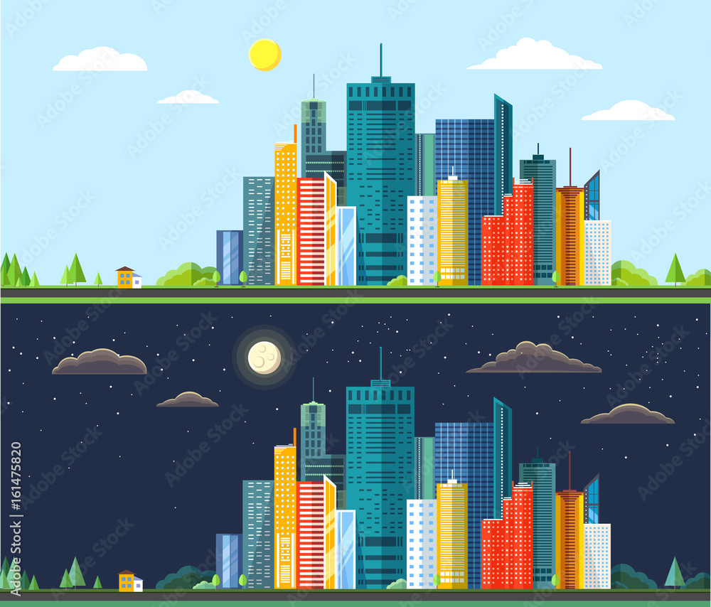 Flat style modern design of day and night urban city landscape. Vector icon set